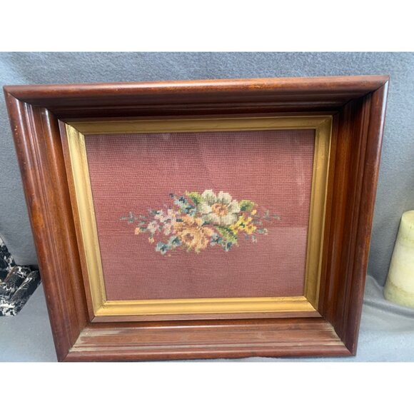 Vintage Framed Floral Needlepoint Art with Wood Frame & Glass Cover - Picture 11 of 11